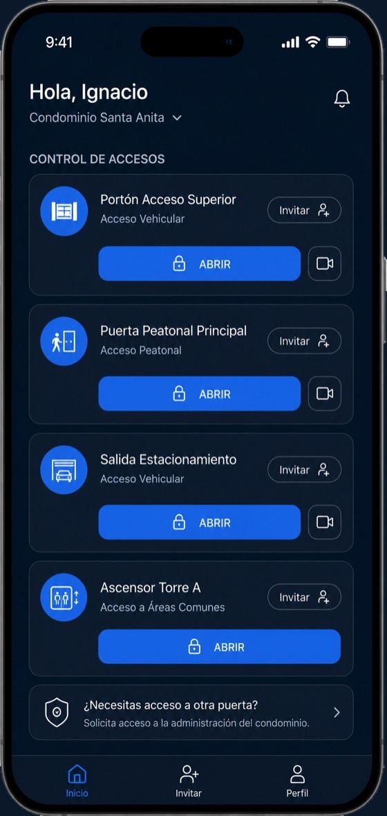 Pantalla de inicio con la lista de accesos del condominio: portón vehicular, puerta peatonal, salida de estacionamiento y ascensor, cada uno con ABRIR