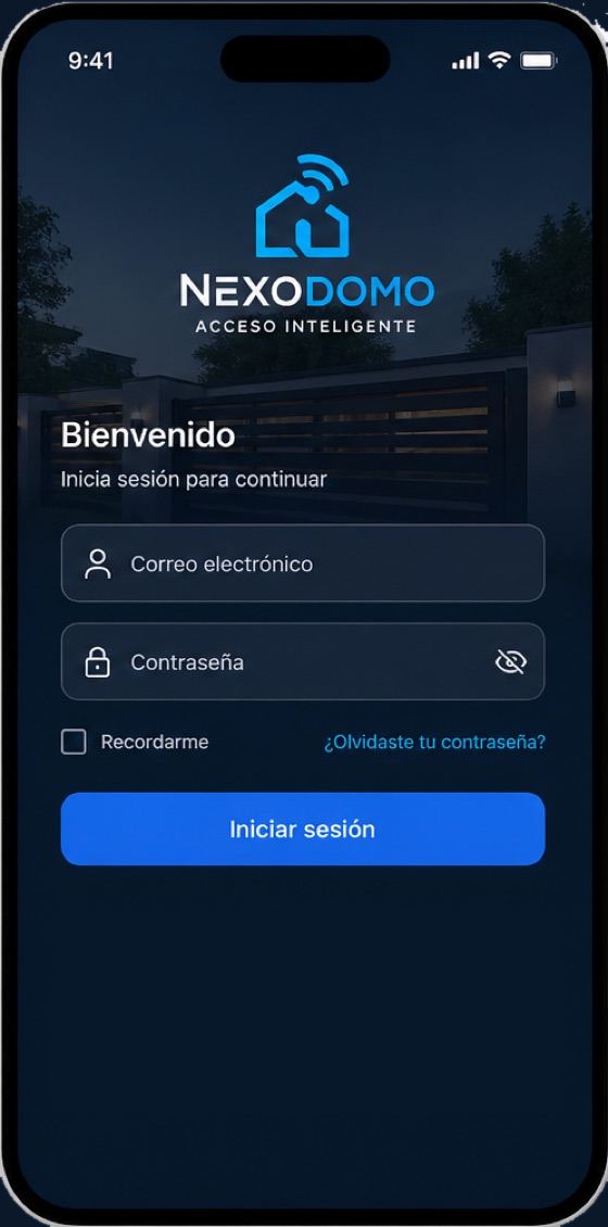 Pantalla de inicio de sesión de NexoDomo con el logo sobre la foto de un portón, campos de correo y contraseña