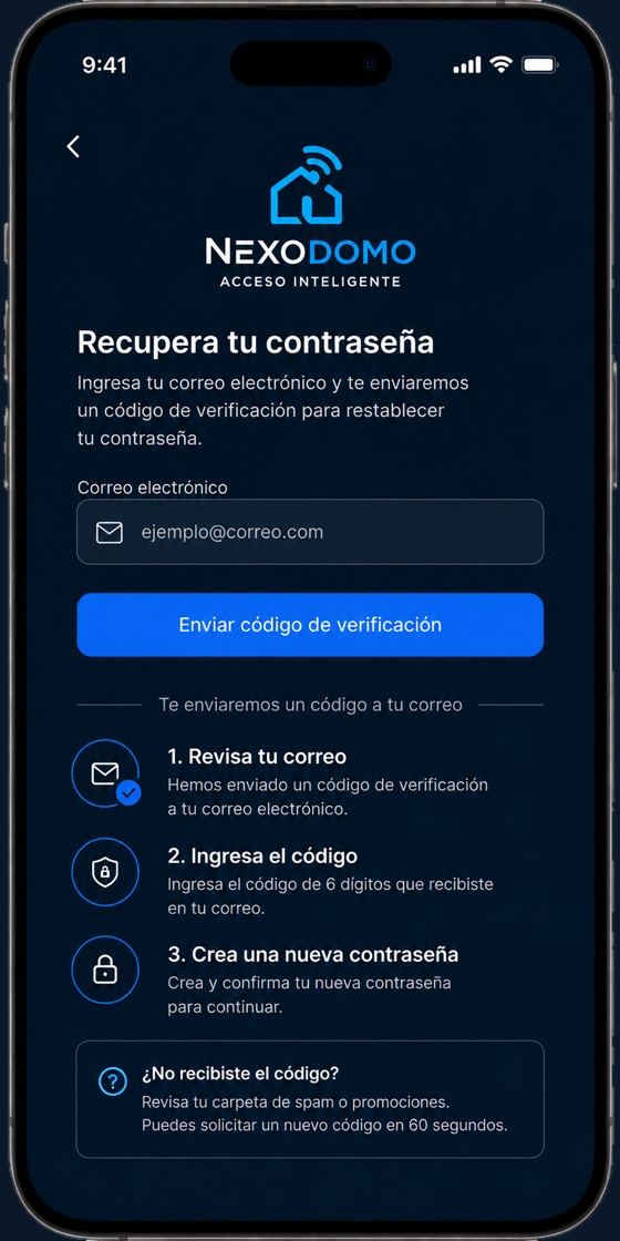 Pantalla Recupera tu contraseña de la app NexoDomo, con el campo para escribir tu correo electrónico